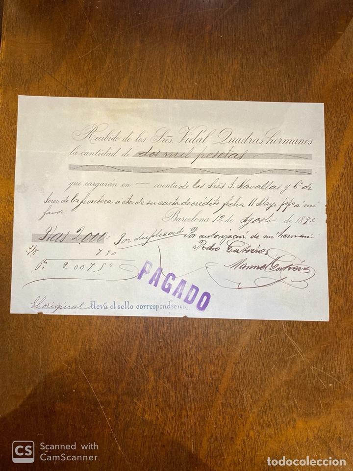 Documents Anciens: RECIBI DE LA CASA VIDAL CUADRAS HERMANOS. BARCELONA, 1892