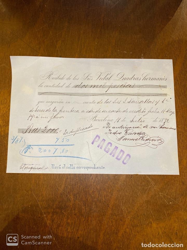 Documents Anciens: RECIBI DE LA CASA VIDAL CUADRAS HERMANOS. BARCELONA, 1892