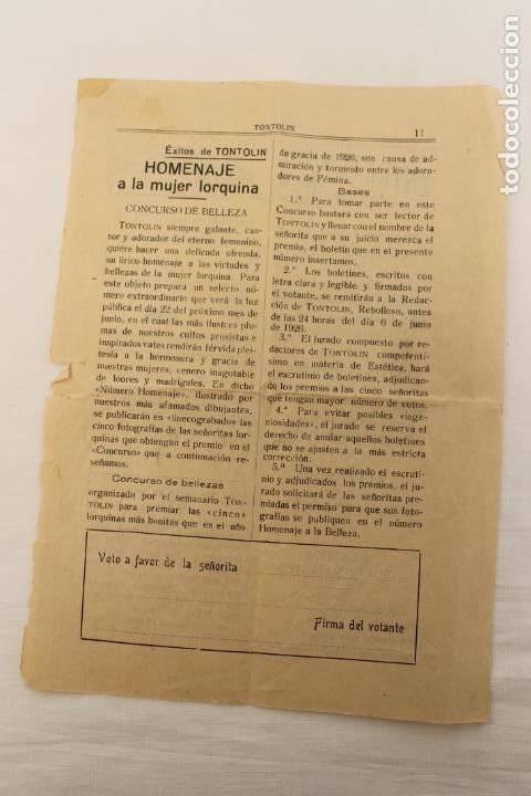 Documentos antiguos: HOMENAJE A LA MUJER LORQUINA, CONCURSO DE BELLEZA, SEMANARIO TONTOLIN, 1926 LORCA
