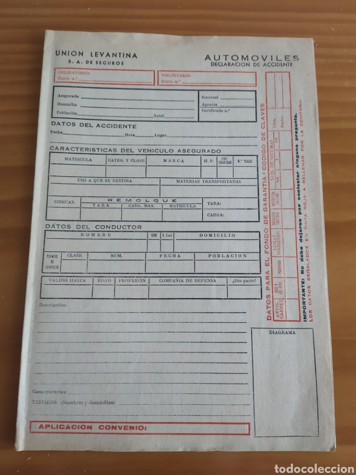 Documentos antiguos: Parte accidente automoviles. UNION LEVANTINA SA de seguros.A&ntilde;os 70.