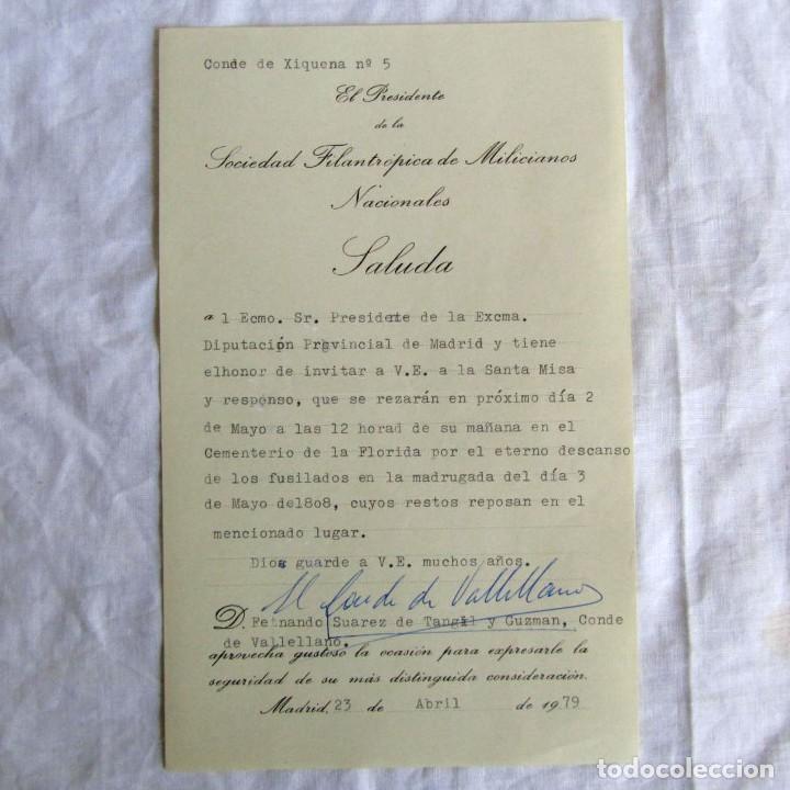 Documentos antiguos: Invitaci&oacute;n Sociedad filantr&oacute;pica de Milicianos 1979, misa fusilados en mayo de 1808