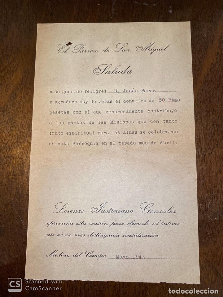 Documentos antiguos: MEDINA DEL CAMPO, 1943. PARROCO DE SAN MIGUEL. SALUDA.