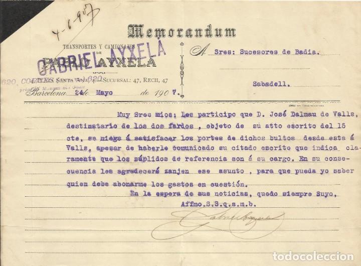 Documents Anciens: Gabriel Ayxel&aacute;. Transportes y camionajes. Memorandum. 1907. Carta a A. Badia. Sabadell.
