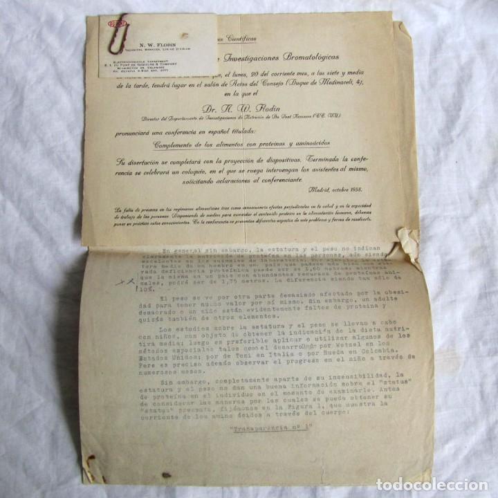 Documentos antiguos: Invitaci&oacute;n y contenido de conferencia CSIC 1958, Investigaciones bromatol&oacute;gicas N.W. Flodin