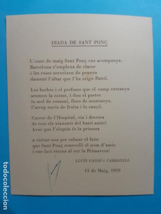Documentos antiguos: POEMA. SAN PON&Ccedil;, 1959. LLUIS GASSO - Foto 1