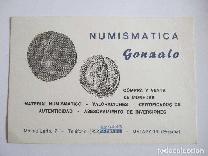 Documentos antiguos: TARJETA DE VISITA - NUMISMATICA GONZALO - MALAGA - ESCRITA AL DORSO - 12X8