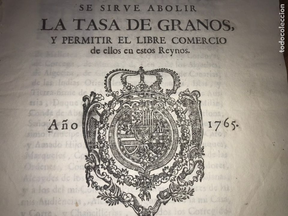 Documentos antiguos: ZARAGOZA 1765. PRAGMATICA ABOLICI&Oacute;N TASA DE GRANOS. CAMPOMANES. DAROCA.