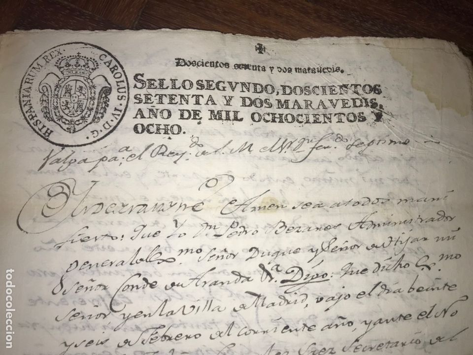 Documentos antiguos: SELLO SEGUNDO 1808. &Eacute;PILA. SUBSTITUCI&Oacute;N PODER ADMINISTRADOR DUQUE HIJAR, CONDE DE ARANDA.
