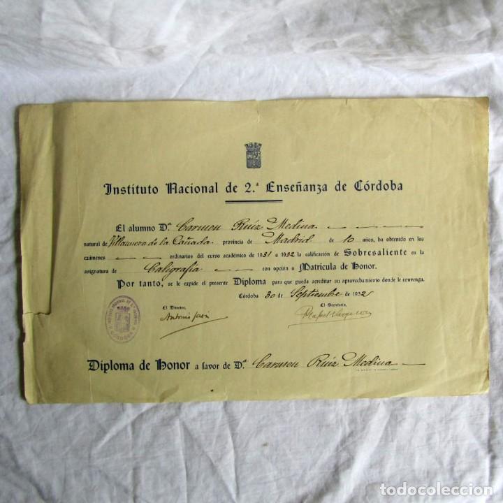 Documentos antigos: Diploma de honor 1932 Instituto Nacional de 2&ordf; ense&ntilde;anza de C&oacute;rdoba