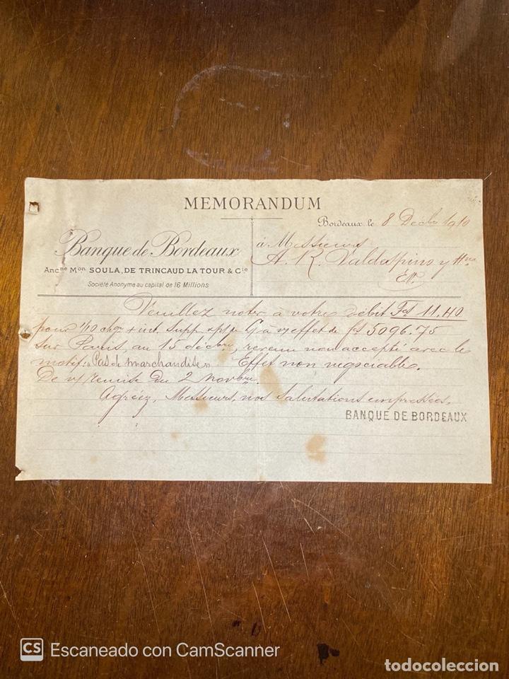 Documentos antiguos: MEMORANDUM. BANQUERO DE BORDEAUX. FRANCIA, 1910. DIRIGIDO A A.R. VALDESPINO Y HNO.