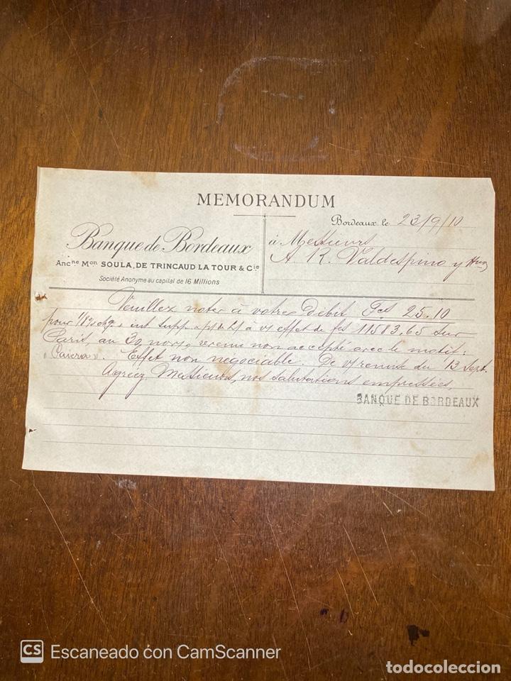 Documentos antiguos: MEMORANDUM. BANQUERO DE BORDEAUX. FRANCIA, 1910. DIRIGIDO A A.R. VALDESPINO Y HNOS.