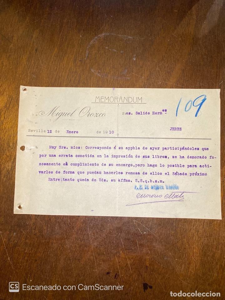 Documentos antiguos: MEMORANDUM. MIGUEL CROZCO. SEVILLA, 1910. DIRIGIDO A SALIDO HERMANOS. JEREZ.