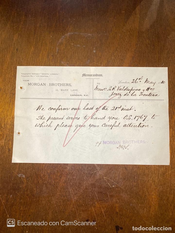 Documentos antiguos: MEMORANDUM. MORGAN BROTHERS. LONDRES, 1910. DIRIGIDO A A.R VALDESPINO Y HNO. JEREZ.