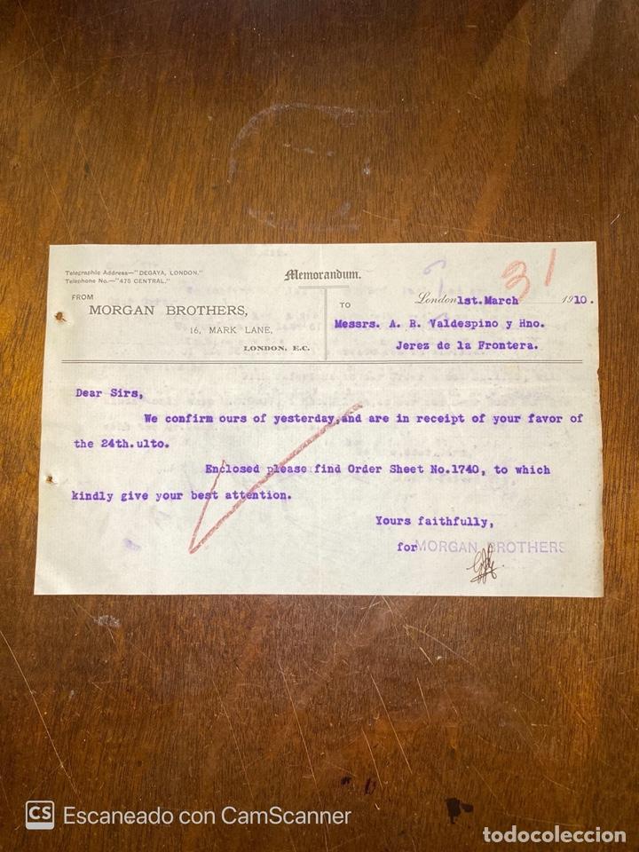 Documentos antiguos: MEMORANDUM. MORGAN BROTHERS. LONDRES, 1910. DIRIGIDO A A.R VALDESPINO Y HNO. JEREZ.