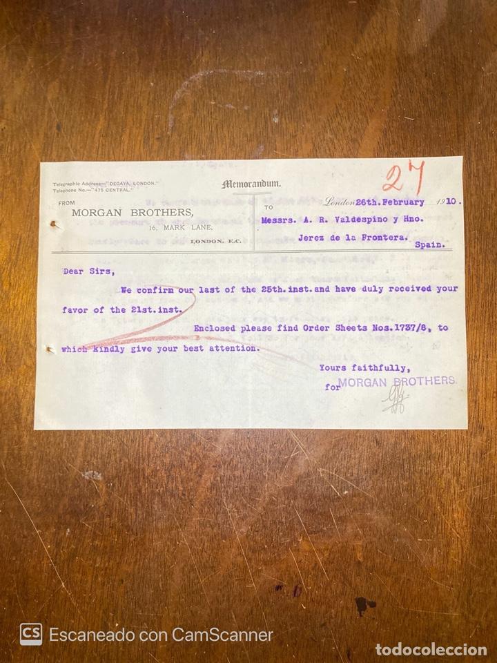 Documentos antiguos: MEMORANDUM. MORGAN BROTHERS. LONDRES, 1910. DIRIGIDO A A.R VALDESPINO Y HNO. JEREZ.