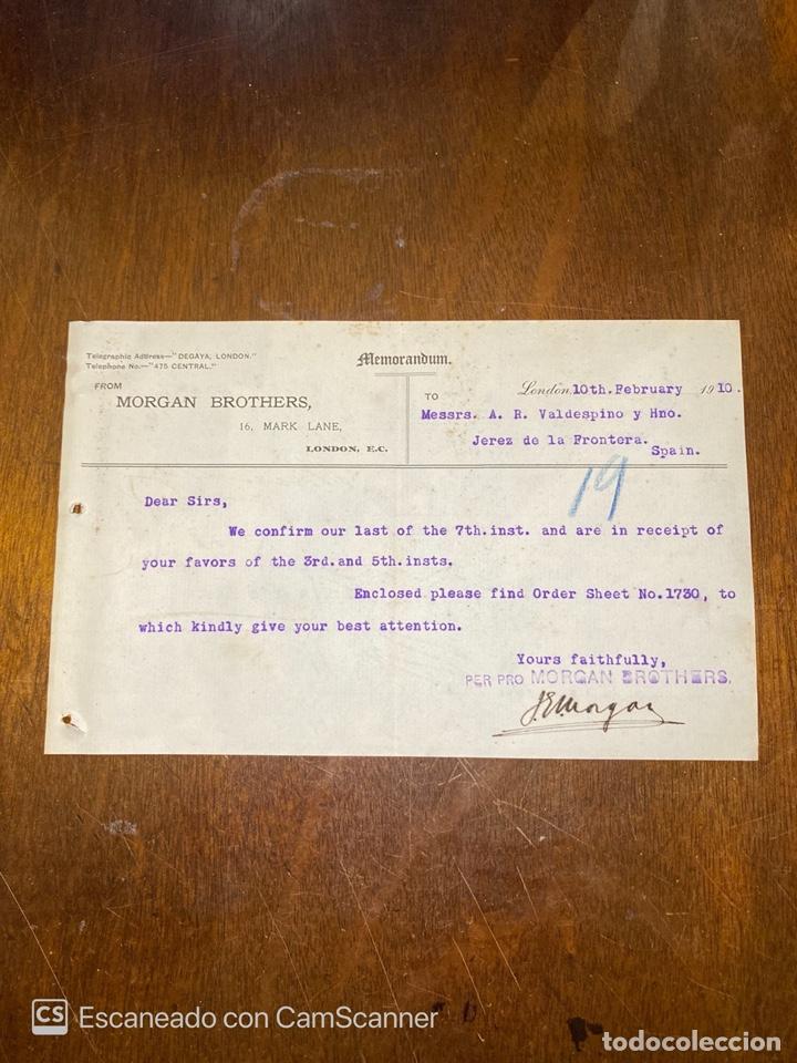 Documentos antiguos: MEMORANDUM. MORGAN BROTHERS. LONDRES, 1910. DIRIGIDO A A.R VALDESPINO Y HNO. JEREZ.