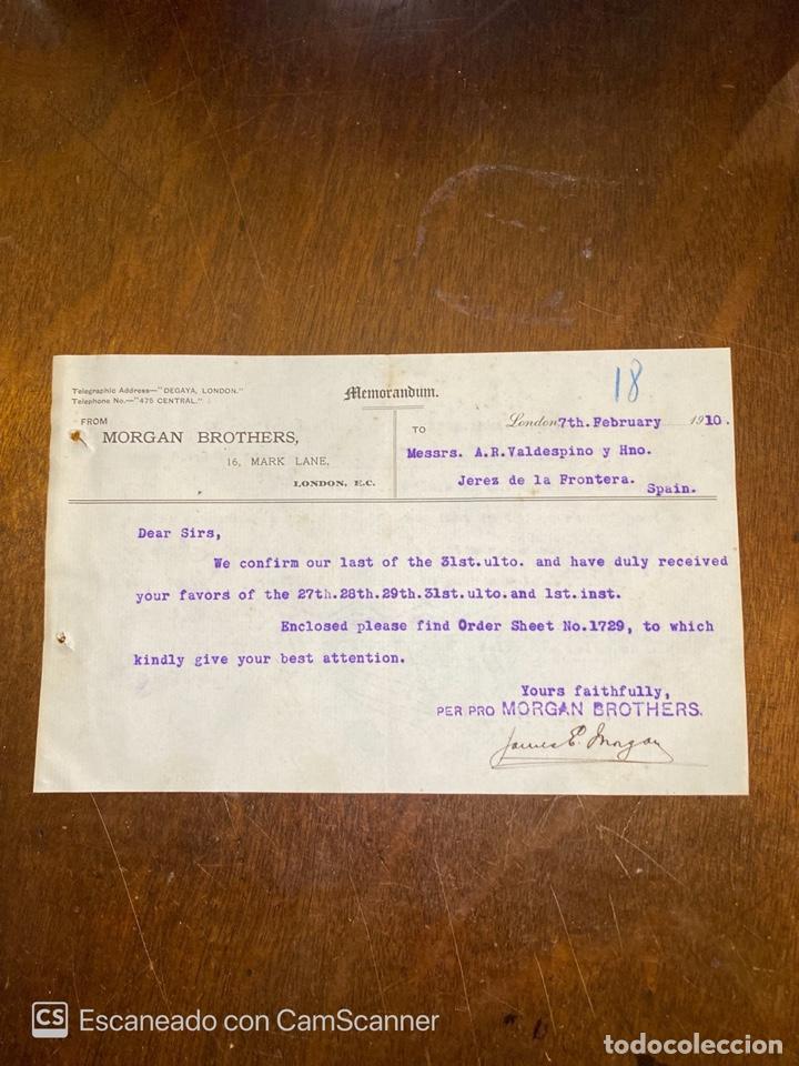 Documentos antiguos: MEMORANDUM. MORGAN BROTHERS. LONDRES, 1910. DIRIGIDO A A.R VALDESPINO Y HNO. JEREZ.