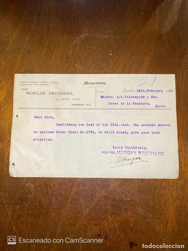 Documentos antiguos: MEMORANDUM. MORGAN BROTHERS. LONDRES, 1910. DIRIGIDO A A.R VALDESPINO Y HNO. JEREZ.