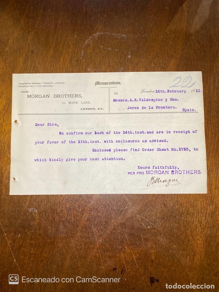 Documentos antiguos: MEMORANDUM. MORGAN BROTHERS. LONDRES, 1910. DIRIGIDO A A.R VALDESPINO Y HNO. JEREZ.