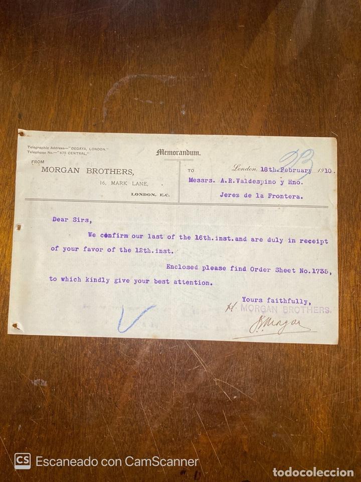 Documentos antiguos: MEMORANDUM. MORGAN BROTHERS. LONDRES, 1910. DIRIGIDO A A.R VALDESPINO Y HNO. JEREZ.