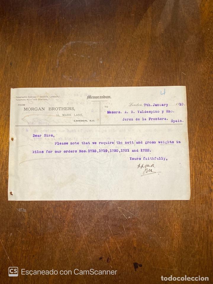 Documentos antiguos: MEMORANDUM. MORGAN BROTHERS. LONDRES, 1910. DIRIGIDO A A.R VALDESPINO Y HNO. JEREZ.