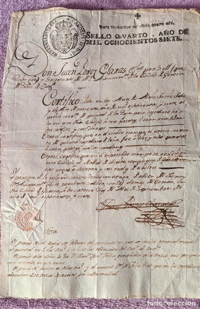 Documentos antiguos: DOCUMENTO ORIGINAL DE GERONA, PRECIOS DE CONSUMO 1807 D. JUAN PEREZ CLARAS