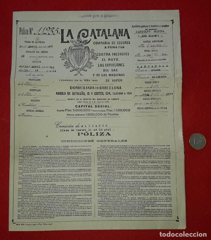Documentos antiguos: POLIZA DE SEGUROS , LA CATALANA A&Ntilde;O 1923 SANTA POLA - ALICANTE