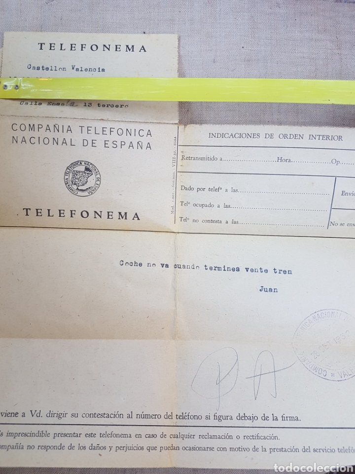 Documentos antiguos: Raro telefonema 1932 Castellon Valencia
