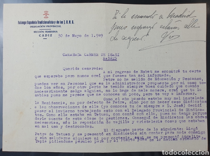 Documentos antiguos: FALANGE ESPA&Ntilde;OLA TRADICIONALISTA Y DE LAS J. O. N. S./ DELEGACI&Oacute;N PROVINCIAL /SECCI&Oacute;N FEMENINA/CADIZ