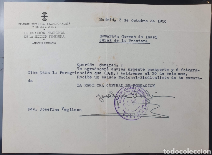 Documentos antiguos: FALANGE ESPA&Ntilde;OLA TRADICIONALISTA Y DE LAS JONS/DELEGACI&Oacute;N NACIONAL/DE LA SECCI&Oacute;N FEMENINA /ASESOR&Iacute;A
