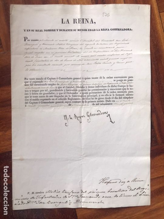 Documentos antiguos: 1835. F REINA GOBERNADORA E ILDEFONSO D&Iacute;EZ.NOMBRAMIENTO MEDICO CIRUJANO DEL REGIMIENTO SAN FERNANDO,
