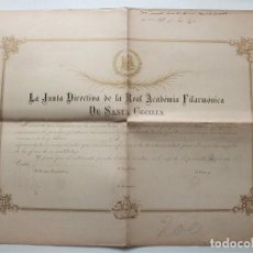 Documentos antiguos: DIPLOMA DE SOCIO DE LA REAL ACADEMIA FILARMÓNICA DE SANTA CECILIA (CÁDIZ) SIGLO XIX-XX