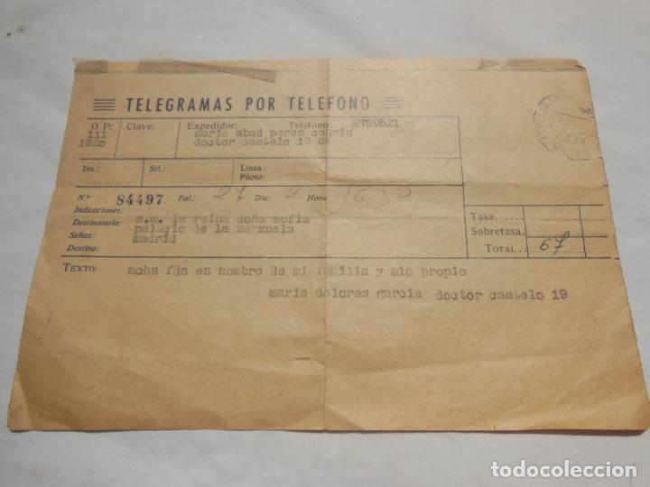 Documentos antiguos: TELEGRAMA Felicitando a la Reina Do&ntilde;a Sofia por su cumplea&ntilde;os. GARC&Iacute;A Mar&iacute;a Dolores