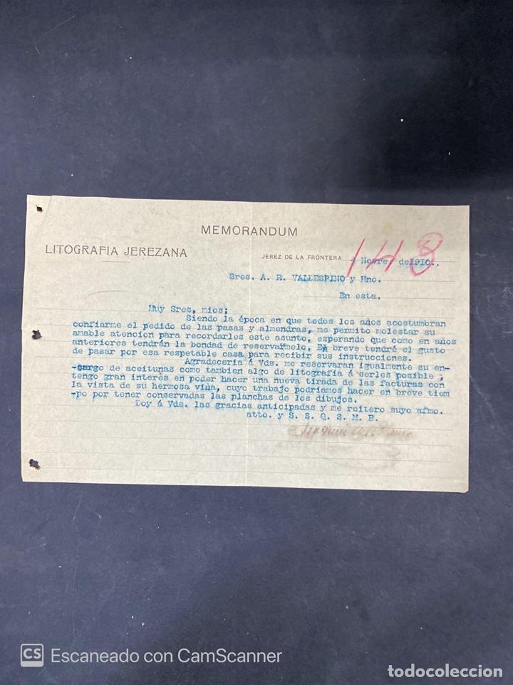 Documentos antiguos: MEMORANDUM. LITOGRAFIA JEREZANA. DIRIGIDO A A.R. VALDESPINO & HNOS. CADIZ, JEREZ, 1910