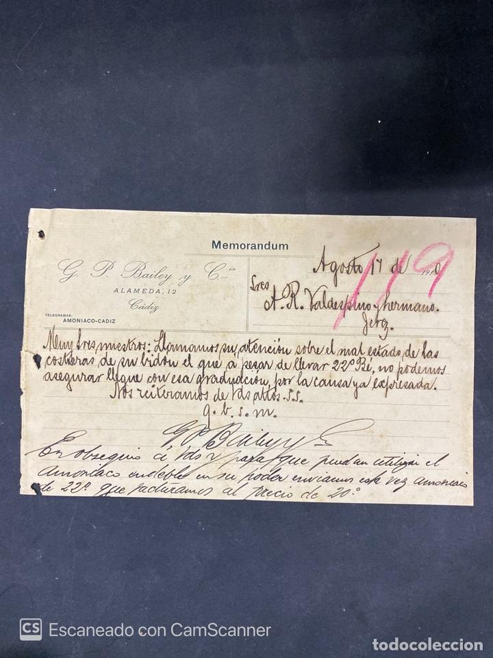 Documentos antiguos: MEMORANDUM. G.P. BAILEY Y CIA. DIRIGIDO A A.R. VALDESPINO & HNOS. JEREZ, 1910
