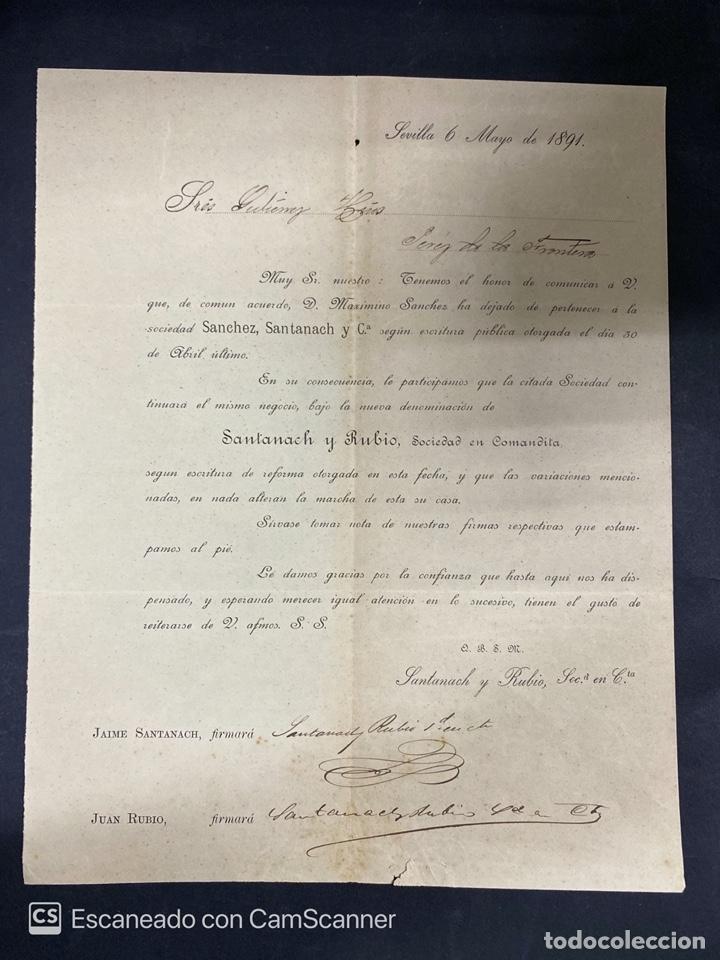 Documentos antiguos: SEVILLA, 1891. SANCHEZ. SANTANACH Y RUBIO. CESE EN LA SOCIEDAD