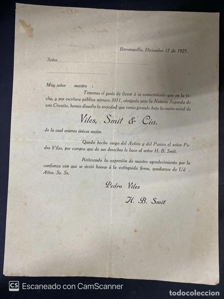 Documentos antiguos: BARRANQUILLA. COLOMBIA, 1925. VILES, SMIT & CIA. DISOLUCION DE SOCIEDAD.