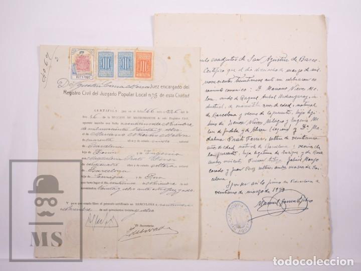 Documentos antiguos: Pareja de Antiguos Documentos A&ntilde;os 1938 y 1939 - Registro Civil / Parroquia San Agust&iacute;n, Barcelona