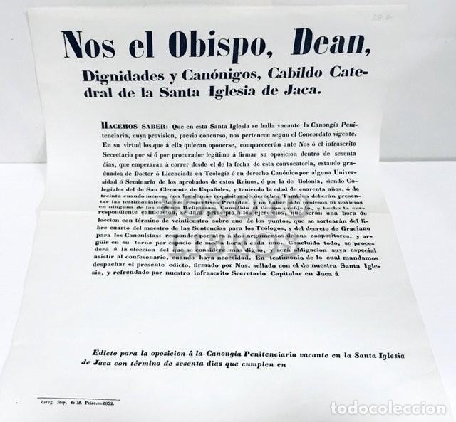 Documentos antiguos: OBISPADO DE JACA. Impreso / Edicto para oposici&oacute;n a la Canong&iacute;a Penitenciaria. 1852