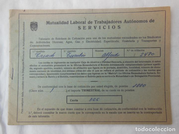 Documentos antiguos: TALONARIO DE BOLETINES DE COTIZACI&Oacute;N PARA USO DE LOS MUTUALISTAS. 1960