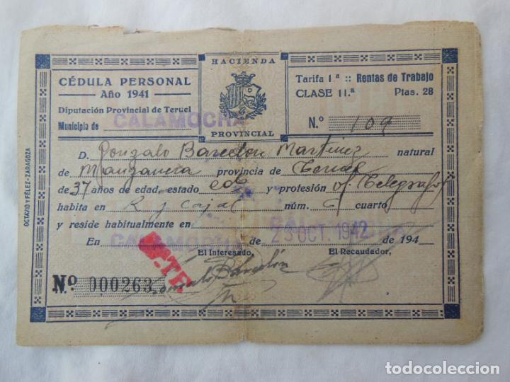 Documentos antiguos: C&Eacute;DULA PERSONAL. Diputaci&oacute;n Provincial de Teruel. Calamocha 1941