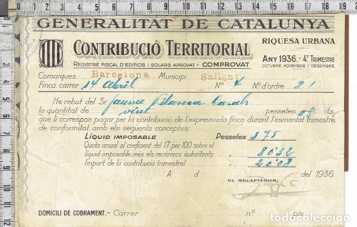 Documentos antiguos: RECIBO CONTRIBUCI&Oacute; TERRITORIAL SALLENT 1936 4&ordm; TRIMESTRE GENERALITAT DE CATALUNYA.