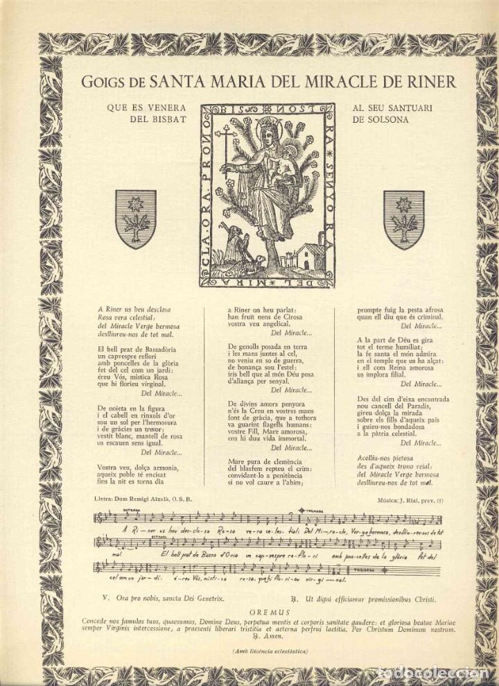 Documentos antiguos: Goigs de SANTA MARIA DEL MIRACLE DE RINER, bisbat de Solsona