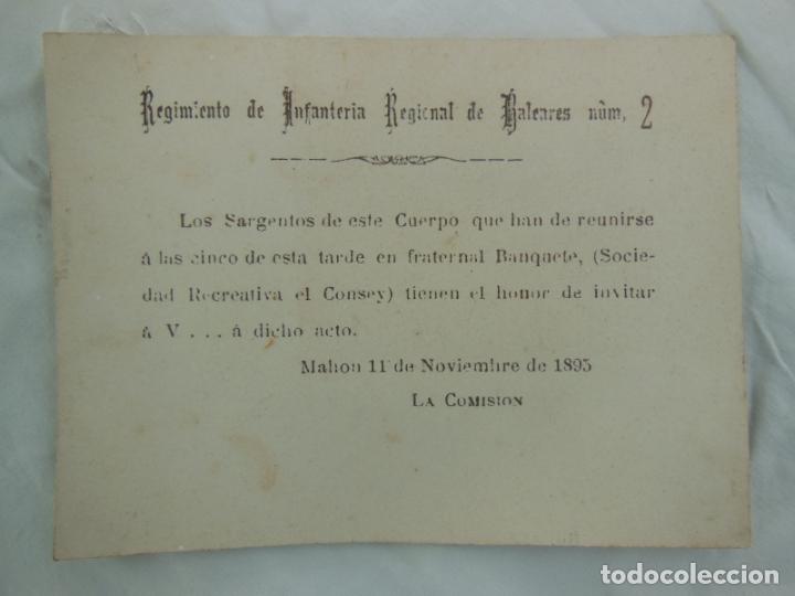 Documenti antichi: Antigua Tarjeta: REGIMIENTO DE INFANTERIA REGIONAL DE BALEARES N&Uacute;M 2. Mahon 1893