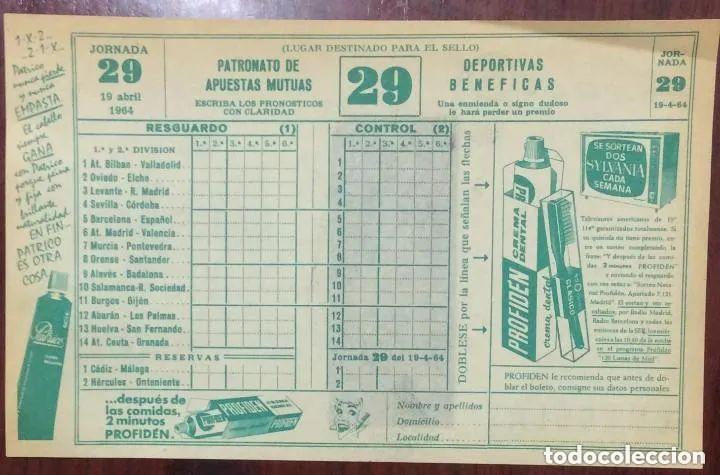 Documentos antiguos: Quiniela sin rellenar jornada 29 - 19 Abril de 1964