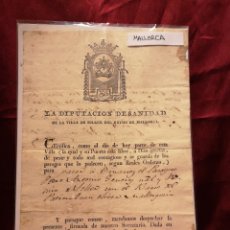 Documentos antiguos: PATENTE DE SANIDAD - MALLORCA - AÑO 1814 - 20 X 29 CM.