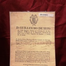 Documentos antiguos: PATENTE DE SANIDAD - BALEARES - PROVINCIA DE MALLORCA - AÑO 1814 - 21 X 30 CM.