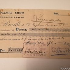Documentos antiguos: MANRESA. BARCELONA. VDA. PERE MIRÓ. COMITE DE CONTROL. RECIBO, 1937, GUERRA CIVIL. Lote 208989848