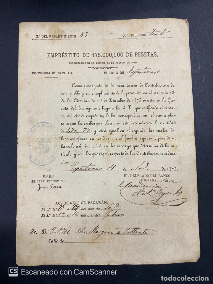 Documents Anciens: ESPARTINA-SEVILLA, 1873. EMPRESTITO DE 175000 PESETAS. VER