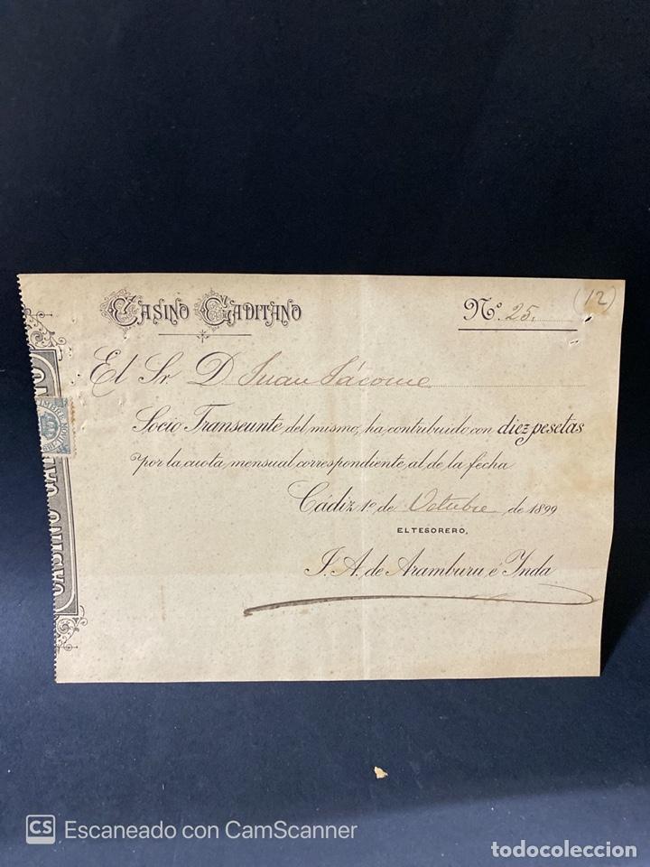 Documentos antiguos: CADIZ, 1899. CASINO GADITANO. RECIBO MENSUAL DE SOCIO TRANSEUNTE.